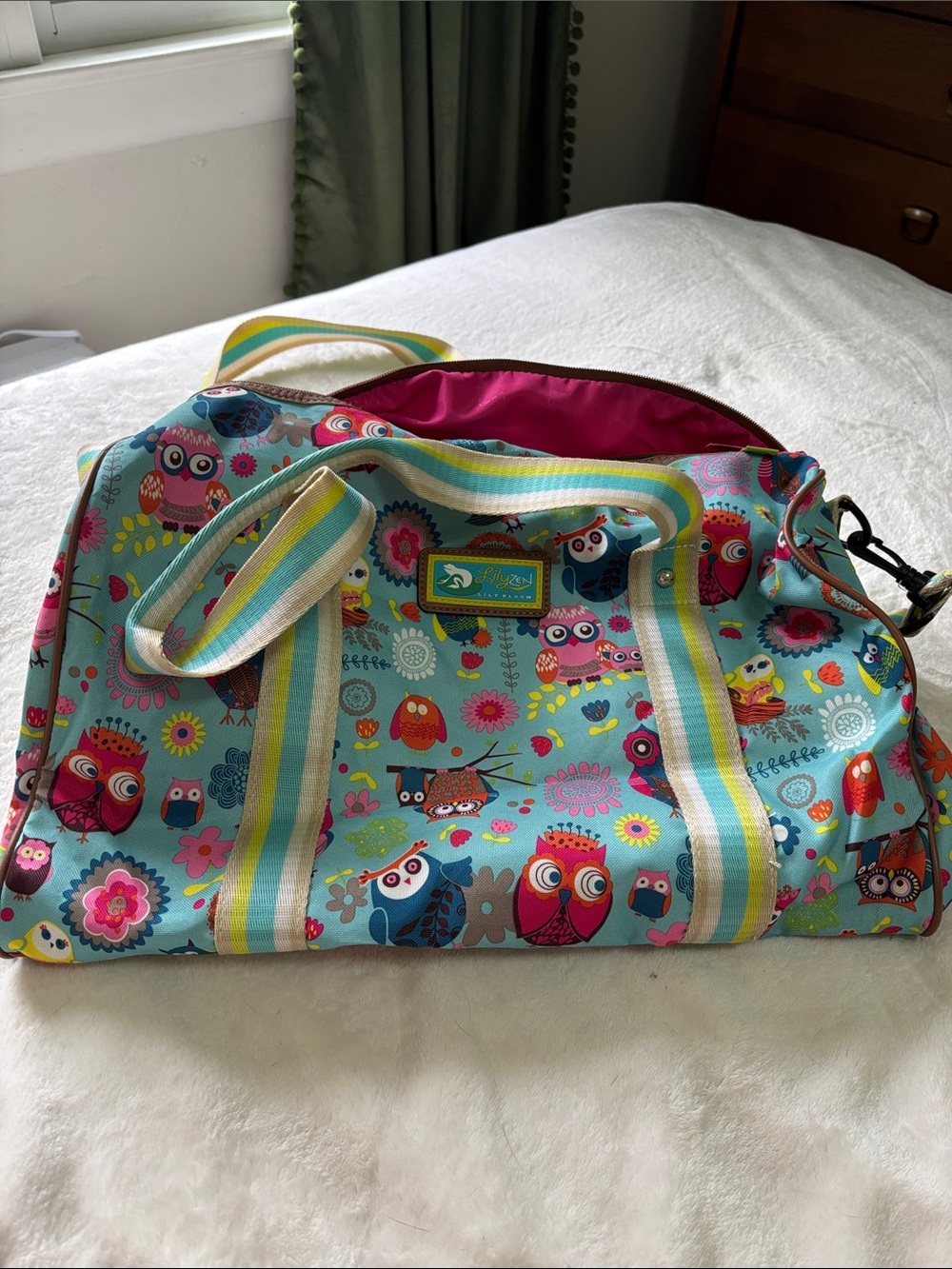 Lily Bloom Aqua Owl Print Canvas Tote with Pink Interior